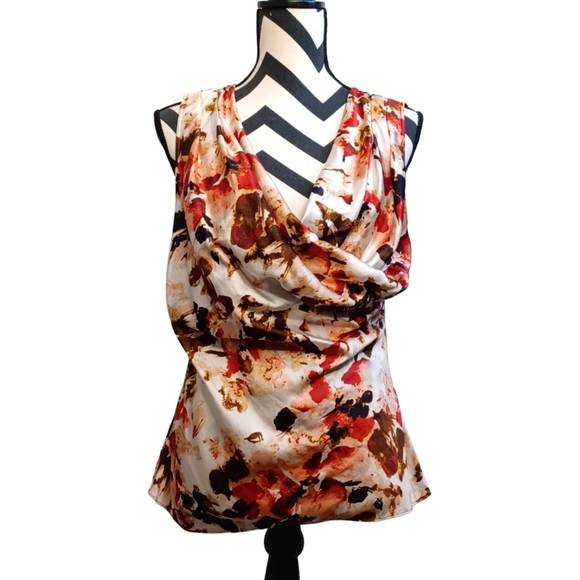 Floral Y2K 100% Silk Feminine Sleeveless Draped Wrap Blouse - Picture 1 of 11